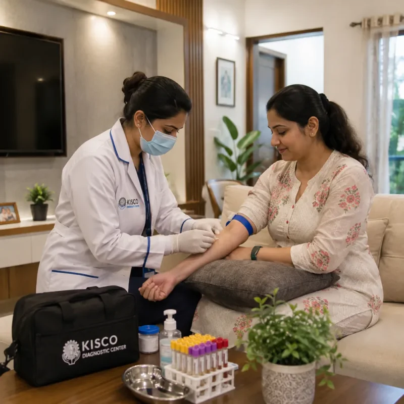 KISCO technician collecting a blood sample at a patient's home