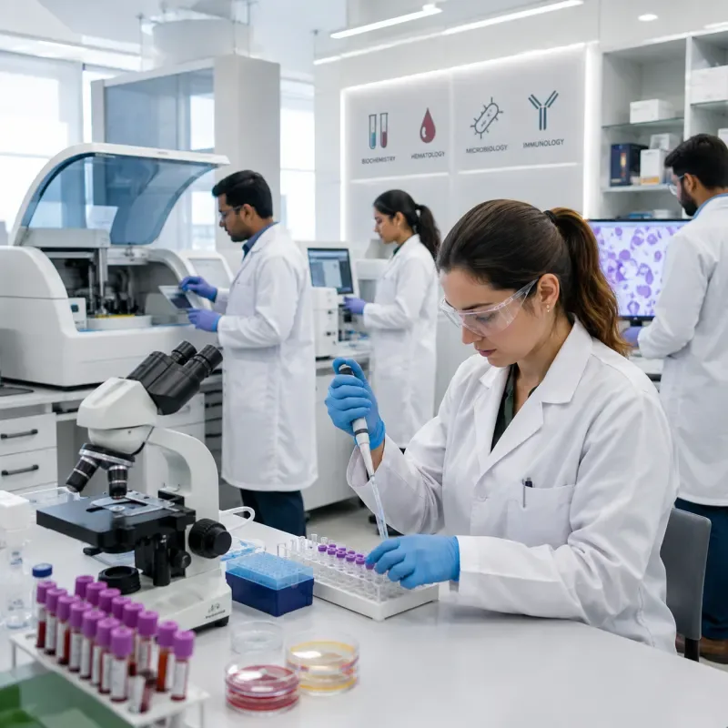 Laboratory technician using a microscope